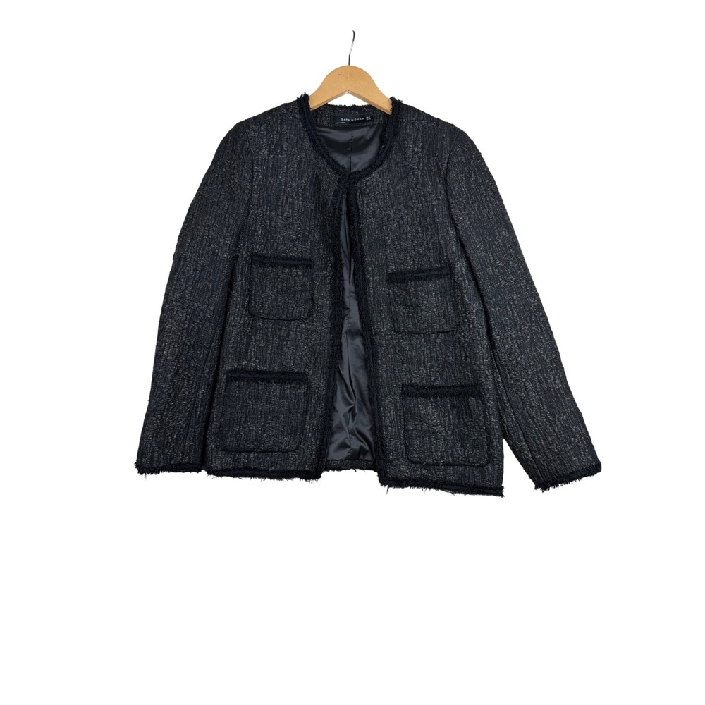 Zara Black Textured Bouclé Collarless Blazer